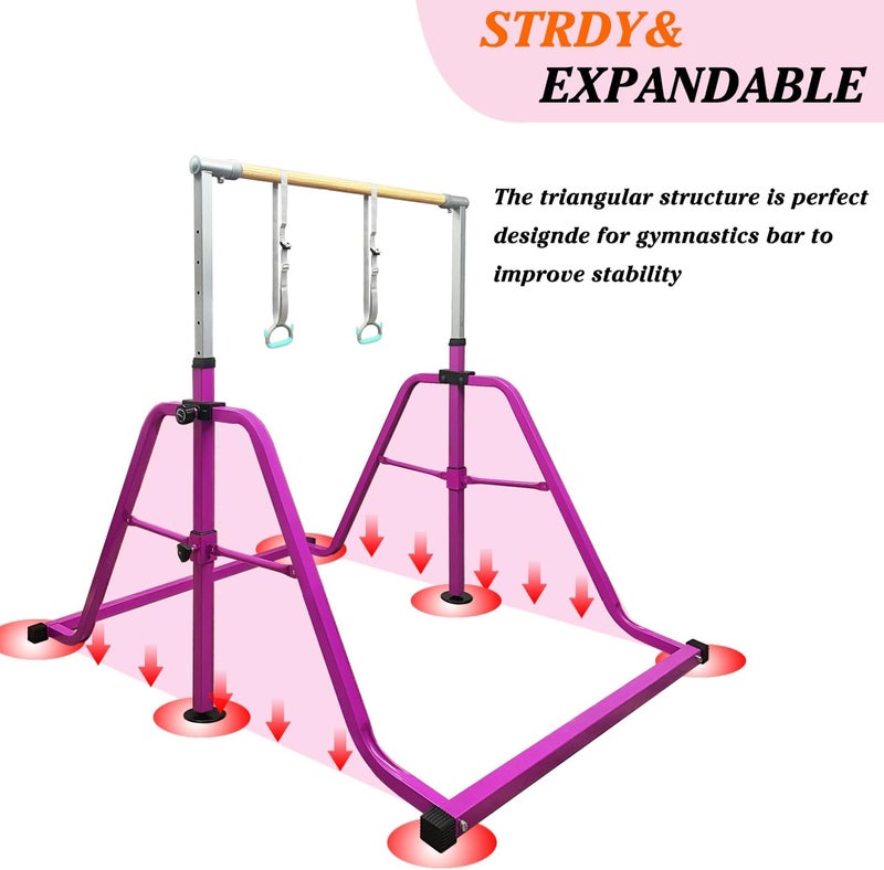 kechery Foldable & Moveable Gymnastics Horizontal Bar with Rings,3’to 5’Adjustable Height Expandable Junior Kip Bar for Home,Indoor Gym Equipment for Kids - Image 4